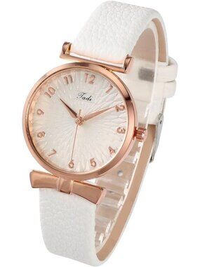 Women's White Analog Quartz Classic Simple Leather Arabic Numerals Wrist Watch